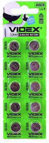 Батарейка AG13 Videx, 1.5 V, лужна, бл. 10/1, аналоги: LR44, A76, 357, SR44, 303, 303A, 357A, GP76A, V357, V76PX, V13GS - зображення 1
