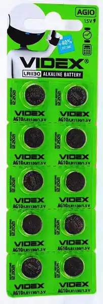 Батарейка AG10 Videx, 1.5 V, лужна, бл. 10/1, аналоги: LR54, LR1130, G10, 189, SR1130W, GP89A, 389 - зображення 1