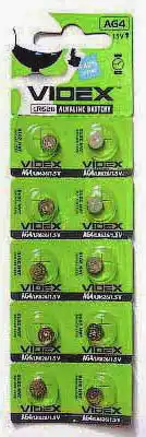 Батарейка AG4 Videx 1.5 V, лужна, бл. 10/1, аналоги: LR626, LR66, 177, 376, 377, SR626, SR626SW, SG4, L626, SR66 - зображення 1