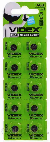 Батарейка AG3 Videx, 1.5 V, лужна, бл. 10/1, аналоги: LR41, 192, 384, 392, SR41, G3, V3GA - зображення 1