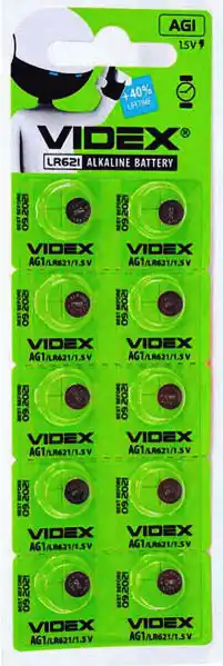 Батарейка AG1 Videx, 1.5 V, щелочная, бл. 10/1, аналоги: LR621, SR621SW, 364, 164, 280-34, GP364, SB-AG/DG, LR60, LR620, SR60, SR60L, V364 - изображение 1