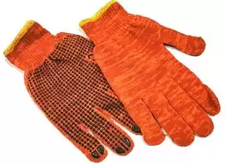 Фото товара Перчатки трикотажные ХБ, ор. цвет, черная ПВХ точка на 1й стороне, оверлок на манжетi красного цвета, р.10 WERK 2129