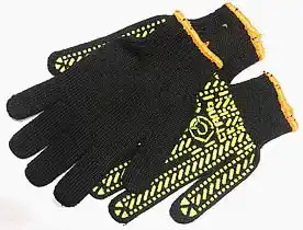 Фото товара Перчатки трикотажные ХБ / ПЭ, черный. цвет, желтый ПВХ узор и логотип Сталь на 1й стороне, р.10 без подвески Сталь