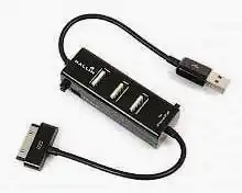 Фото товара HUB USB 2.0 на 3 порта, с зарядкой для iPhone iPod 3, 4, 4S, RTL, черный