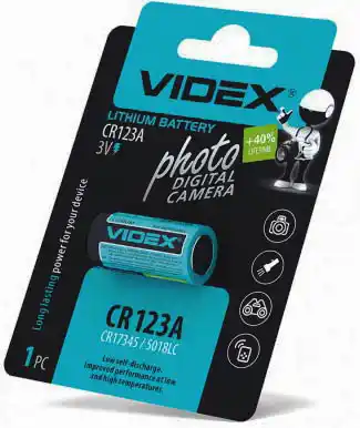 Батарейка CR123A, Videx, 3 V, літієва, уп. 1/1, аналоги: DL123A, ECR123A, BR123A, K123A, 123 - зображення 1