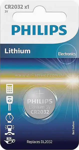 Батарейка CR2032 Philips, 3 V, літієва, бл. 5/1, аналоги: CR2032, DL2032, 5004LC, BR2032, ECR2032, KCR2032, L2032 - зображення 1