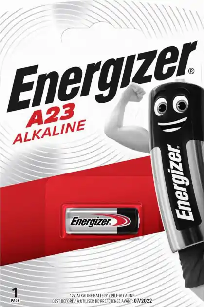Батарейка A23 Energizer, 12 V, алкалінова, плівка, бл. 1/1, аналоги: 23AE, GP23A, V23GA, LRV08, 8LR932, 8LR23, MN21 - зображення 1