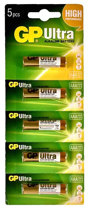 Батарейка AAA LR03, GP Ultra Alkaline, 1,5 V, лужна, бл. 5/1, аналоги: R03, UM4, 24A, MN2400, AM4 - зображення 1
