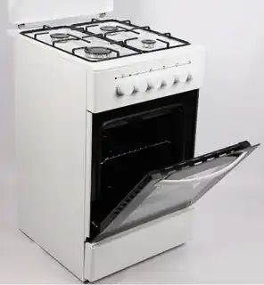 Фото товара Кухонная плита газовая Grunhelm FM-5612W, 4 конфорки, электрическая духовка, белая, духовка темная с белой ручкой. Габариты: в85*ш50*г59 см