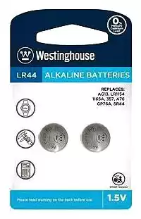 Батарейка AG13 WESTINGHOUSE, 1.5 V, лужна, бл. 10/1, аналоги: LR44, A76, 357, SR44, 303, 303A, 357A, GP76A, V357, V76PX, V13GS - зображення 1