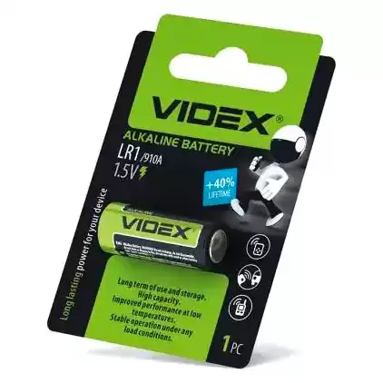 Батарейка LR1, Videx, 1,5 V, лужна, уп. 1/1, аналоги: E90, 910A, MN9100, AM5, N - зображення 1