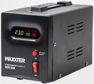 Фото товара Стабилизатор напряжения Maxxter MX-AVR-E500, релейного типа, мощность 500 Вт, точность 10%, вес 1,8кг.