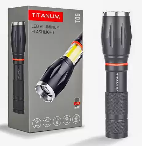 Ліхтарик ручний Titanum TLF-T06 300 Lm, 6500K+COB металевий, акумулятор 1200 mAh, (18650 або 21700 або 3*ААА) - зображення 1