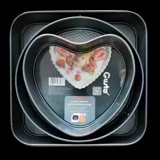 Фото товара GT-3303 Набір форм для випікання GUSTO, 3 шт (серце 23см/круг 26см/квадрат 28 см).