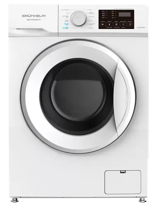 Фото товару Пральна машина Grunhelm GWS-F610D2W-ST 6 кг, автомат, А+++, 1000 об./хв, інверторний двигун, великий екран, біла з чорним люком, розбірний барабан