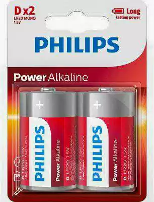 Батарейка D LR20, Philips Power Alkaline, 1,5 V, лужна, уп. 2/1, аналоги: R20, UM1, 13, 14, 14D - зображення 1