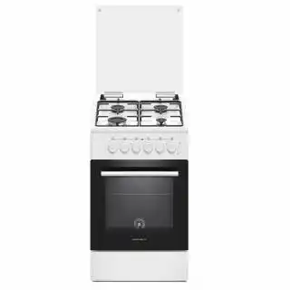 Фото товара Газовая плита Grunhelm G4F-5612W, белая, 4 конфорки, газовая духовка темная, размеры 85в50ш59г см