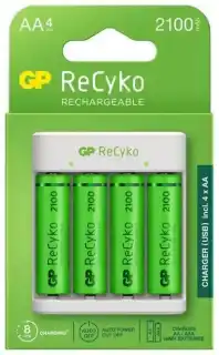 Фото товара Зарядное устройство для аккумулятора GP E411 210AAHCN-2B4 від USB + 4 аккумулятора R6 2100 ReCyko