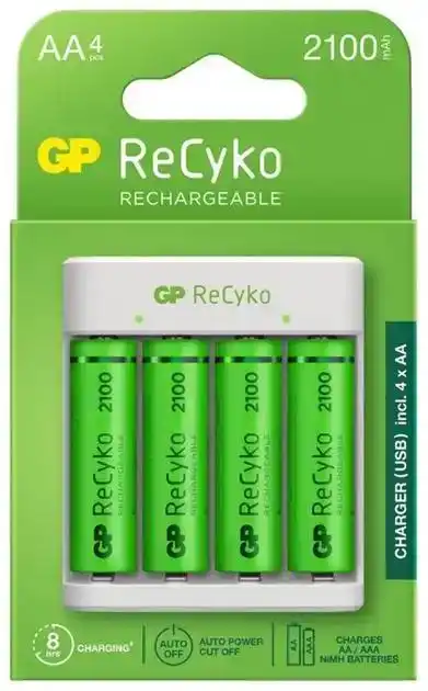 Зарядное устройство для аккумулятора GP E411 210AAHCN-2B4 від USB + 4 аккумулятора R6 2100 ReCyko - изображение 1
