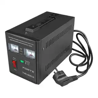 Фото товара Стабілізатор напруги Forte TVR-500VA, релейного типу, потужність 500 Bт, точність 8%, вага 2.25 кг.